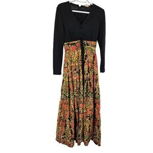 Vintage Gregg Draddy Dress Black Orange Paisley Long Sleeve Maxi Party Mod Sz 10